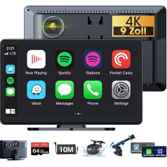 Vtopek Bezvadu Apple Carplay Android pārnēsājams 9 collu Carplay displejs ar 4K Dash Cam, 1080P aizmugures skata kamera, G-sensors, Carplay Car ar Siri/Google/Bluetooth 5.0/FM/AUX/Mirror Link/64G SD karte