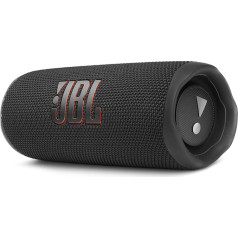 JBL Flip 6 Bluetooth kaste melnā krāsā: Ūdensizturīgs, pārnēsājams skaļrunis ar divvirzienu skaļruņu sistēmu jaudīgai skaņai, līdz pat 12 stundām bezvadu mūzikas atskaņošanas.