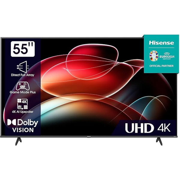 Hisense 55E6KT 139 cm (55 collu) televizors, 4K UHD Smart TV, HDR, Dolby Vision, Trīs uztvērēji DVB-C/S/ S2/ T/ T2/ DTS Virtual X, Iebūvēta Alexa, Bluetooth, WiFi, Viesnīcas režīms, melns [2023]