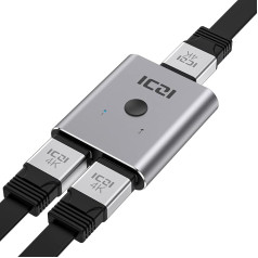 ICZI HDMI slēdzis, 4K 60 Hz alumīnija divvirzienu HDMI sadalītājs, kas atbalsta HD 4K 3D Firestick, TV, PS4, PS5, Xbox, DVD