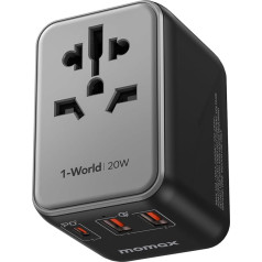 MOMAX ceļojuma adapteris pasaules mērogā ar 2 USB un PD 20 W ātro uzlādi, starptautiskais kontaktligzdas adapteris, universāls adapteris Taizemei Itālijai ASV ES Lielbritānijai un ASV