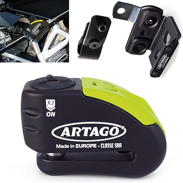 Artago 30 x 1 iepakojums Bremžu diska slēdzene ar signalizāciju 120 dB + kronšteins BMW (R1250GS, R1200GS, F850GS, F750GS, F700GS, G310GS, F900XR), SRA un Sold Secure Gold Homologated, melns/dzeltens