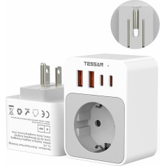 TESSAN ASV adaptera ligzda, 5 in 1 ceļojuma adapteris ASV ar 2 USB C un 2 USB A, neliels salokāms dizains, 1875 W adapteris ASV Vācijas kontaktdakša, 20 W USB C ātrās uzlādes, B tipa ceļojuma kontaktdakša Kanādai