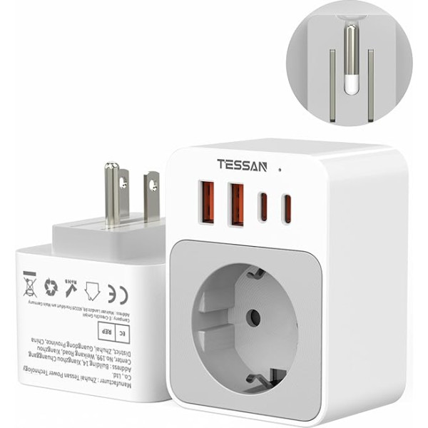 TESSAN ASV adaptera ligzda, 5 in 1 ceļojuma adapteris ASV ar 2 USB C un 2 USB A, neliels salokāms dizains, 1875 W adapteris ASV Vācijas kontaktdakša, 20 W USB C ātrās uzlādes, B tipa ceļojuma kontaktdakša Kanādai