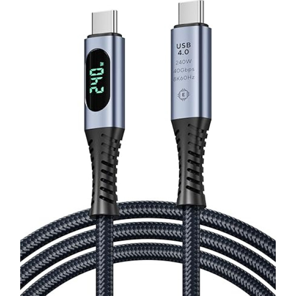 SooPii USB 4 kabelis ar LED displeju, atbalsta 8K video, 40 Gbps datu pārraidi, 240 W USB C uz USB C uzlādes kabelis, saderīgs ar iPhone 15, MacBook, Thunderbolt 3, monitoriem, dokstacijām (1 m)