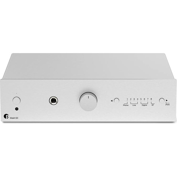 Pro-Ject MaiA S3, kompakts un universāls audiofilu pilns pastiprinātājs, aptX™ HD Bluetooth 5.0, Phono, Line, Digital, austiņu izeja, sudraba krāsā