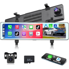 Podofo Bezvadu Apple Carplay Android auto spoguļa kamera ar HD aizmugures skata kameru, 11,26 collu IPS skārienjūtīgais ekrāns, Dual 1080P aizmugures skata spoguļa kamera, 2 sadalīti ekrāni, Bluetooth