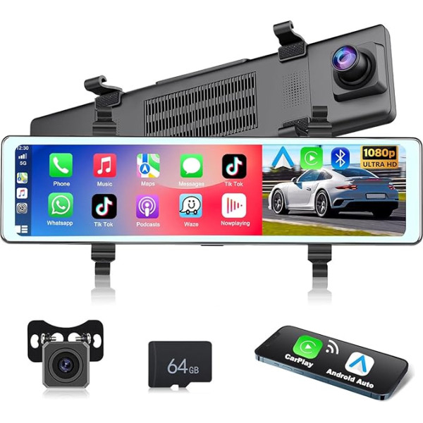 Podofo Bezvadu Apple Carplay Android auto spoguļa kamera ar HD aizmugures skata kameru, 11,26 collu IPS skārienjūtīgais ekrāns, Dual 1080P aizmugures skata spoguļa kamera, 2 sadalīti ekrāni, Bluetooth