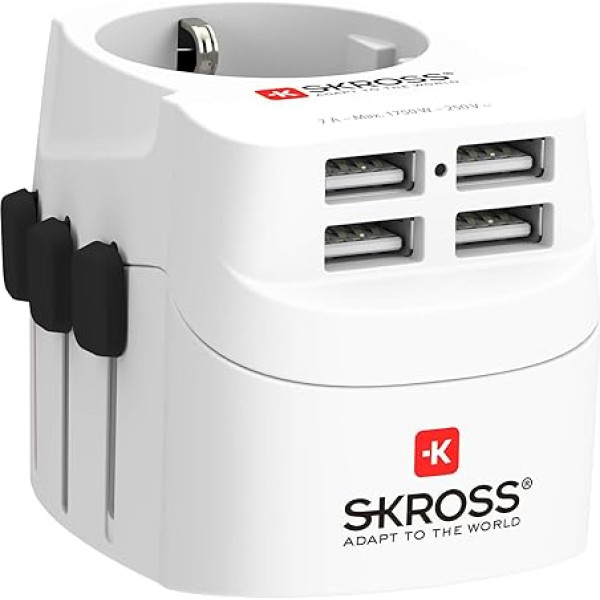 SKROSS universālā ceļojuma kontaktdakša ar 4 x USB pieslēgvietām 1.302461 White