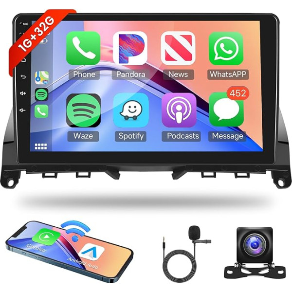 1G+32G bezvadu Carplay Android 13 auto radio 2 DIN Mercedes Benz C klases W204 S204 2007-2014 ar Android auto navigāciju GPS 9 collu auto radio ar spoguļa saiti Bluetooth FM/RDS/DAB+/OBD/SWC aizmugures