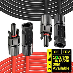 Saules kabeļa pagarinājums, 2 x 2m 1/2/3/5/5/8/10/15/20/20/30m 6mm²/10AWG 1500V fotoelementu kabelis ar kontaktdakšu Ūdensizturīgs IP68 saules paneļiem, fotoelementu paneļiem, montāžai