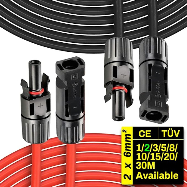 Saules kabeļa pagarinājums, 2 x 2m 1/2/3/5/5/8/10/15/20/20/30m 6mm²/10AWG 1500V fotoelementu kabelis ar kontaktdakšu Ūdensizturīgs IP68 saules paneļiem, fotoelementu paneļiem, montāžai