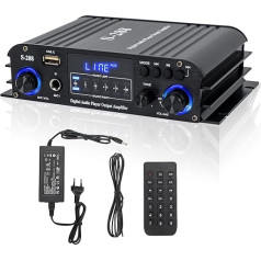 4 kanālu mini pastiprinātājs, 1200 W HiFi pastiprinātājs, Bluetooth 5.0 stereo pastiprinātājs, FM radio, portatīva SD karte/USB ieeja/FM radio, 35 W x4 mājām vai automašīnai