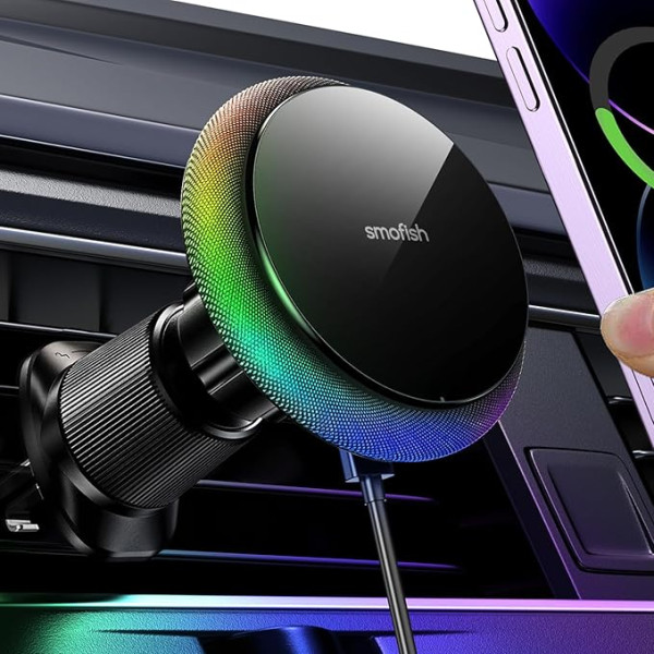 15 W Magsafe turētājs automašīnai, [Rainbow RGB] Magnētiskā iPhone bezvadu uzlāde automašīnā, automašīnas ventilācijas atveres mobilā tālruņa turētājs automašīnā ar uzlādes funkciju iPhone 16 Pro Plus Max 15 14 13 12 Mini Vīriešiem