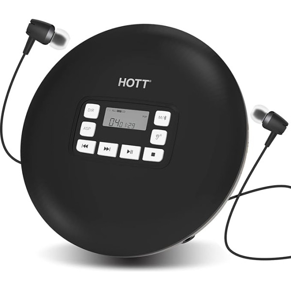 HOTT CD611T Pārnēsājams Bluetooth personīgais kompaktais CD atskaņotājs ar LCD displeju, Walkman neliels mūzikas CD atskaņotājs ar austiņām, USB kabelis automašīnai, ceļošanai (melns)