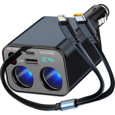 12 V/24 V cigarešu aizdedzinātāja sadalītājs 159 W izvelkamais automašīnas UAB C lādētājs USB adapteris 2 Way Socket Vairāku sadalītāju ligzdu adapteris Ātrā lādētāja mobilajam telefonam GPS Dash kameras sēdekļa apsildei