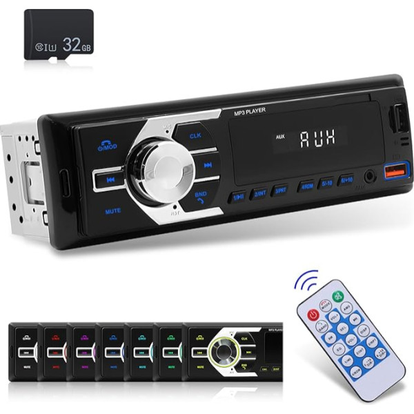 NHOPEEW 1 DIN auto radio Bluetooth 5.1 - Auto radio uztvērējs ar krāsu apgaismojumu - U disks/AUX in/TF kartes atskaņošana/App Locate and Find the Car + 32G SD karte