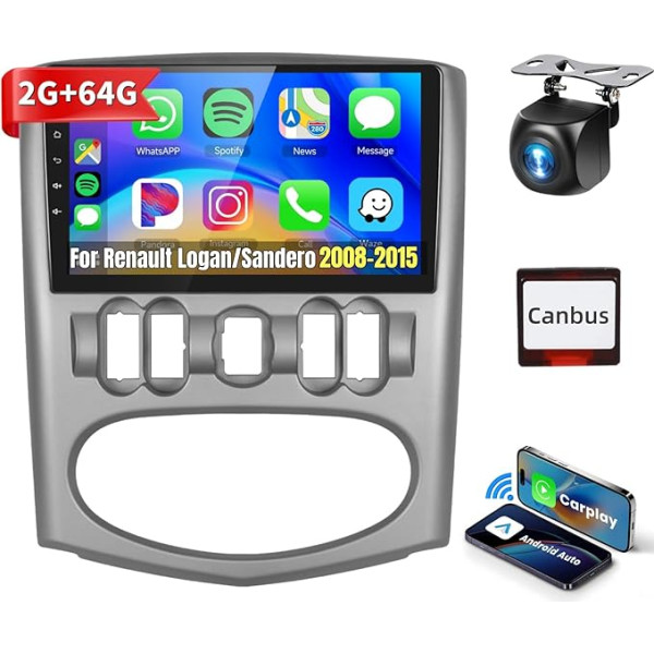 2 + 64G 9 collu radio priekš Renault Logan 1 Sandero 2008-2015 Largus Dacia Duster bezvadu carplay Android auto, podofo radio 2 DIN ar Bluetooth HIFI RDS/FM + IPS touch screen/AHD aizmugures skats