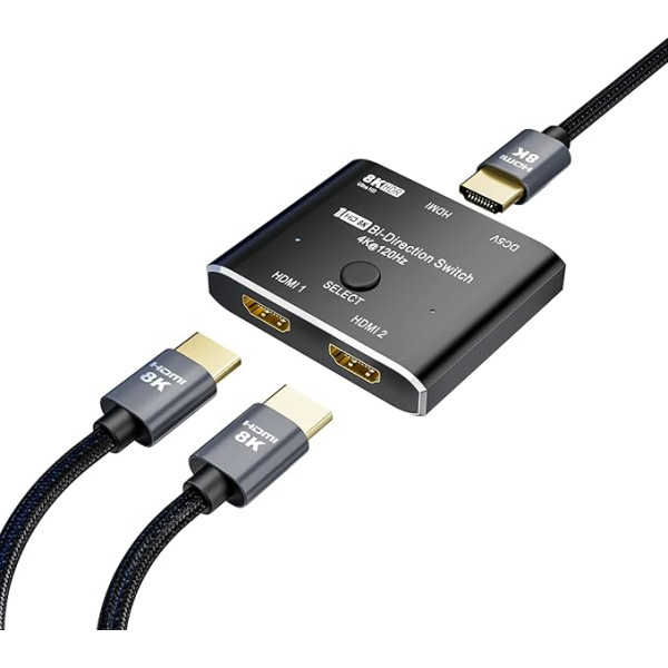 CABLEDECONN HDMI 2.1 Ultra 8K HD divvirzienu mini pārslēdzējs 8K @ 60Hz 4K @ 120Hz HDR 1in 2out 2in 1out Ātrgaitas 48Gbps splitteris (Singal Display) Pārveidotājs, kas saderīgs ar Xbox X PS5 Aluminium Shell