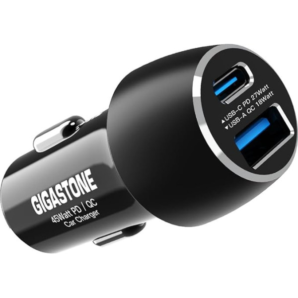 Gigastone 45 W Allume Cigare Charger Voiture USB, 2 Ports 6A Chargeur Voiture 27 W PD 3.0 USB C un 18 W QC 3.0 USB A lādētājs iPhone 15/14/13/13/12/11, AirPods, iPad, Galaxy S23/S22/S21, Note