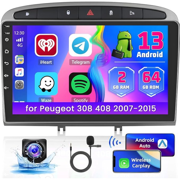 Hikity [2+64G] Auto radio Android 13 ar satelīta navigāciju Peugeot 408 2010-2012, 9 collu skārienjūtīgais displejs, auto radio ar ekrānu Carplay Android Car GPS WiFi Bluetooth FM RDS atpakaļgaitas kamera