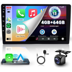 Hodozzy 4G + 64G Double DIN Android auto radio ar bezvadu Carplay un Android Car, 9 collu skārienjūtīgais ekrāns, auto radio ar 2 DIN GPS navigāciju, WiFi, Bluetooth, atpakaļgaitas kamera, USB, vadība no stūres,