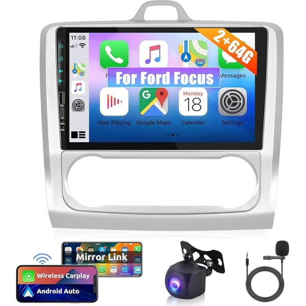 Android auto radio priekš Ford Focus Exi MT 2 3 Mk2 Mk3 2004-2011 - 2G + 64G 9 collu skārienjūtīgais ekrāns - Apple Carplay un Android Car WiFi SWC + atpakaļgaitas kamera un mikrofons