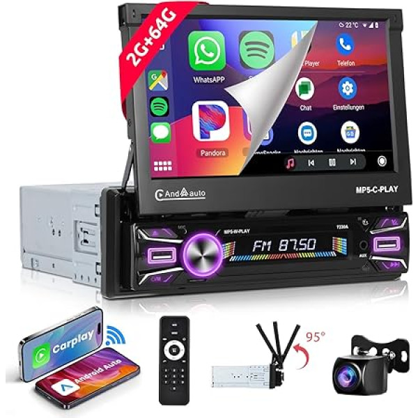 2G 64G podofo Android auto radio 1Din ar 7 collu skārienjūtīgo ekrānu Automātiskais ekrāns Bezvadu Carplay/Android Auto Bluetooth 5.1 FM/RDS 2USB/MIC/Type c/AUX/Steering Wheel Control ar AHD atpakaļgaitas kamera