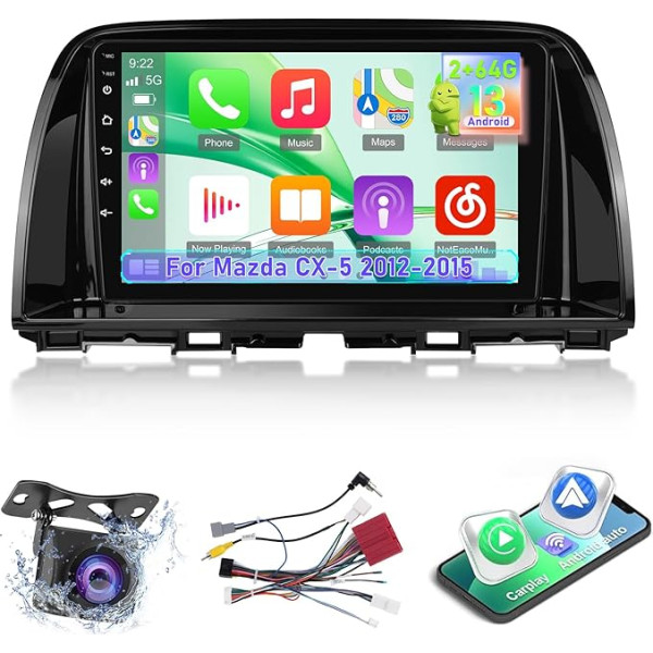 [2+64G] Android 13 auto radio priekš Mazda CX-5 2012-2015 ar bezvadu Carplay un Android Car - 9 collu skārienjūtīgais ekrāns ar HiFi, GPS, WiFi Mirror Link + Canbus + AHD aizmugures skata kamera