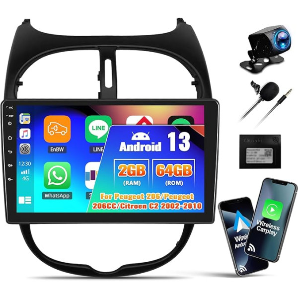 OiLiehu 2G + 64G Android 13 Auto radio 2DIN Carplay Android automašīnai Peugeot 206/Peugeot 206CC/Citroen C2 2002-2010 Auto radio ar 9 collu ekrānu ar EQ/Bluetooth/SWC/FM RDS/WiFi/GPS/Rear View kamera