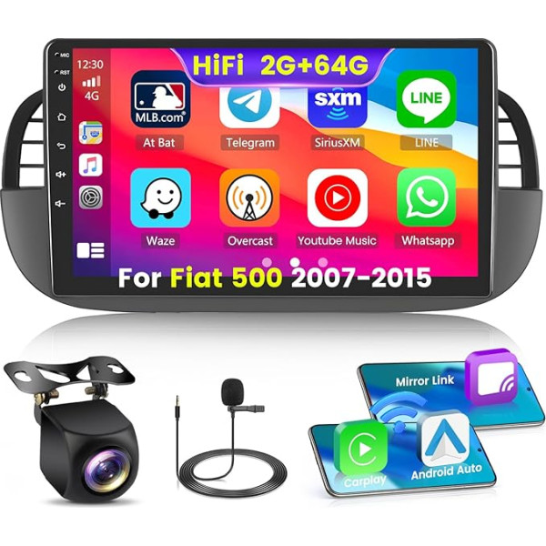 2+64G bezvadu Carplay auto radio Fiat 500 2007 2008 2009 2009 2010 2010 2011 2011 2012 2013 2013 2014 2015, 9 collu portatīvais skārienjūtīgais radio ar Android auto FM RDS/GPS/BT/WiFi USB atpakaļgaitas kamera