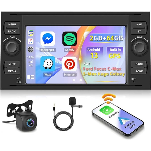 [2+64G] Inefala Android 13 Autoradio für Ford Focus C-Max S-Max Kuga Galaxy 7 Zoll Autoradio mit Wireless Carplay Android Auto GPS Bluetooth WiFi FM RDS Hi-Fi SWC 2USB AHD Reckfahrkamera