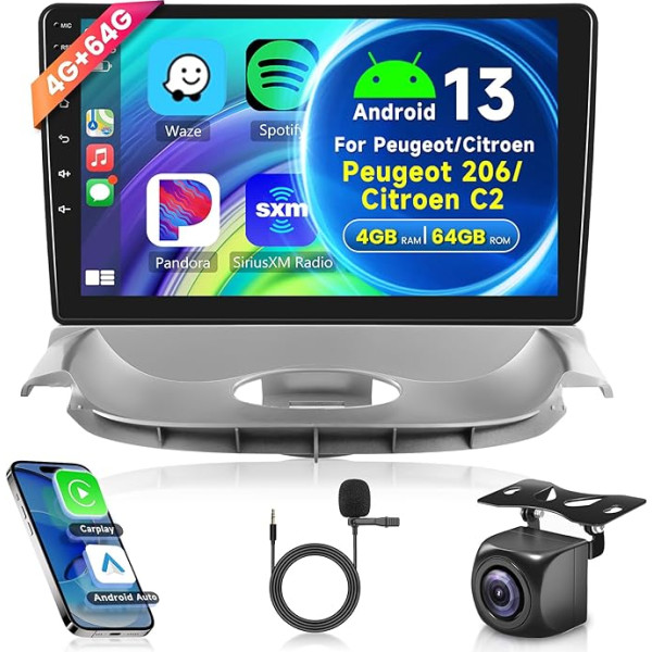 2G + 64G bezvadu Carplay Android 13 auto radio 2 DIN Peugeot 206 Citroen C2