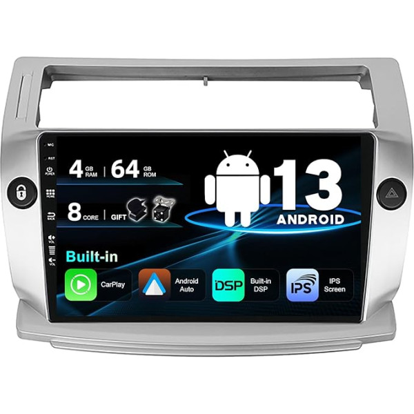 SXAUTO Android 13 Auto radio Citroen C4/C-Quatre/C-Triomphe (2004-2012) - Iebūvēts CarPlay Android Car - LED kamera + MIC - 4G + 64G - DAB 360-CAM Vadības stūres WiFi Bluetooth - 2 DIN IPS