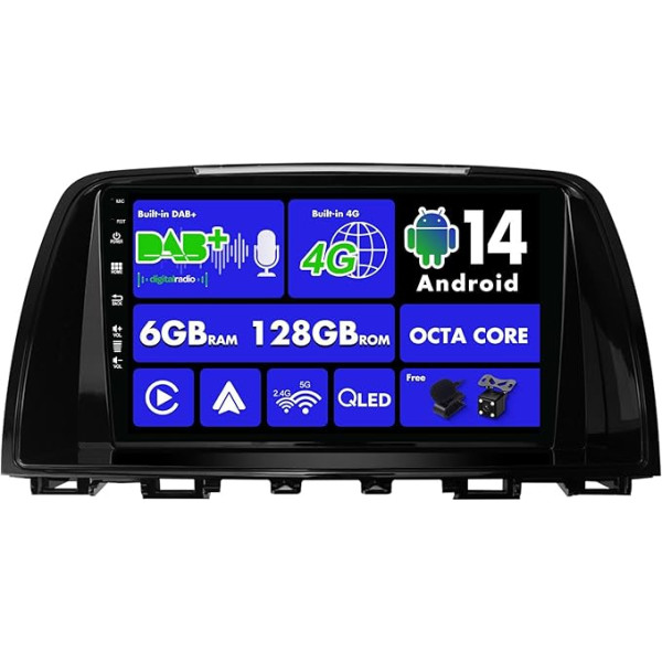 SXAUTO Android 13 [Iebūvēts 4G un DAB] - 6G + 128G - Autoradio priekš Mazda ATENZA Mazda 6 (2012-2015) - Dual Band WiFi - CarPlay Android Car - Kamera + Mikrofons - Stūres vadības stūres Blueotoh - QLED 9 collas