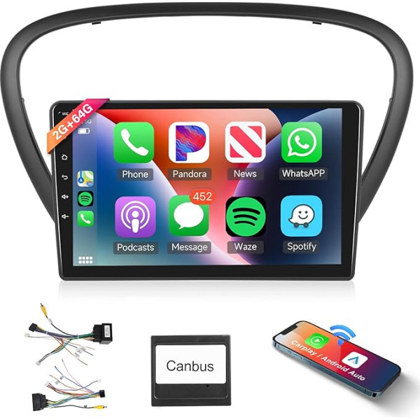 Podofo Carplay auto radio Peugeot 607 2004-2010, 9 collu skārienjūtīgais ekrāns, auto radio 2G + 64G ar bezvadu Carplay Android Car, Bluetooth/GPS/WiFi/FM/RDS/SWC/HiFi/USB+atgriešanas kamera