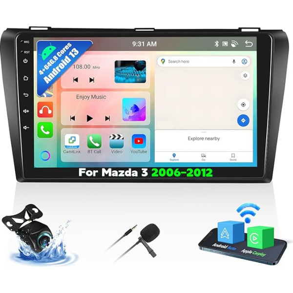 OiLiehu 4+64G 8 Core Android 13 Double DIN Radio priekš Mazda 3 2006-2012 CarPlay Android auto radio ar ekrānu 9 collas ar Mirror Link Bluetooth Bluetooth GPS FM RDS WiFi SWC DSP/EQ + atpakaļgaitas kamera