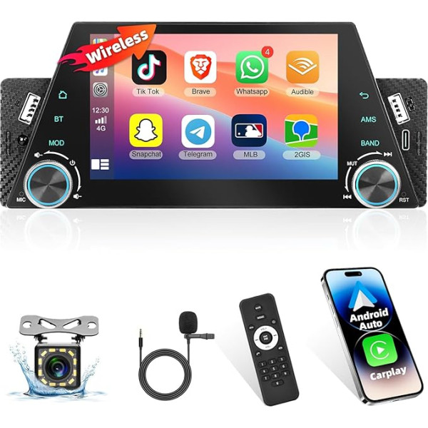 1 DIN auto radio ar bezvadu CarPlay/Android, podofo 5 collu Bluetooth multimediju atskaņotājs ar balss vadību / FM/TF/USB/AUX/SWC + tālvadības pults + 12 LED atpakaļgaitas kamera