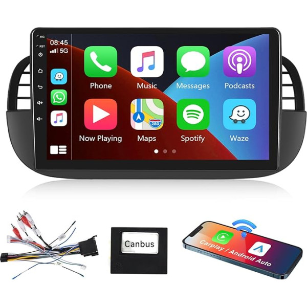 Podofo Carplay auto radio Fiat 500 2007-2015, 9 collu skārienjūtīgais ekrāns, 2G + 64G ar bezvadu Carplay Android Car, Bluetooth/GPS/WiFi/FM/RDS/SWC/HiFi/USB+atgriešanas kamera