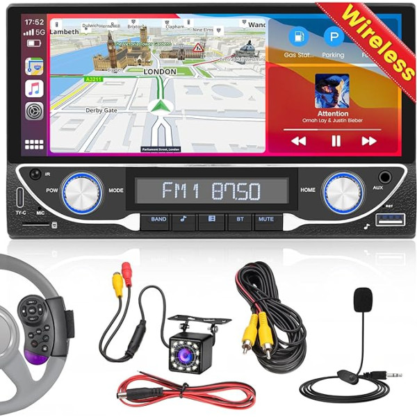 Hikity Bezvadu Carplay Double DIN auto radio ar 6,9 collu ekrānu, Android Car & Mirrorlink, auto radio ar Bluetooth, USB-A & C/AUX/TF, FM radio, SWC, atpakaļgaitas kamera, MIC