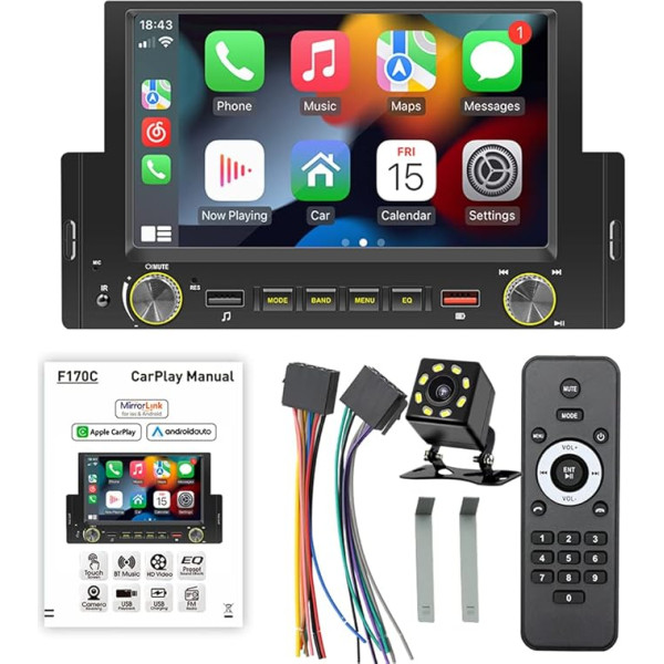 Auto Stereo 1 DIN Bluetooth Apple auto atskaņotājs Android auto radio 6,2 collu skārienjūtīgais ekrāns ar FM radio Spoguļa saite Trīs USB pieslēgvietas Galvenais bloks MP5 atskaņotājs Automašīnas atpakaļgaitas kamera 8 LED