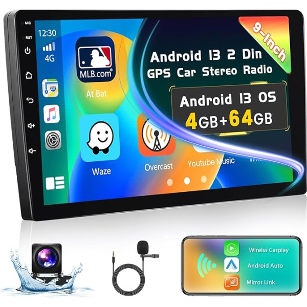 Inefala 2024 Upgrade 4G + 64G 9 collu skārienjūtīgais ekrāns Auto radio 2 DIN Android 13 ar bezvadu CarPlay, Android auto radio 2 DIN Android ar GPS, WiFi, RDS, DSP, USB, SWC, mikrofons, atpakaļgaitas kamera