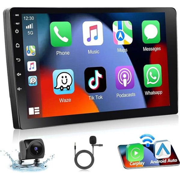 Podofo Auto radio 2 DIN ar bezvadu Carplay Android auto, 4 + 64G 9 collu Android Bluetooth Auto Stereo Radio Double DIN ar ekrānu ar 59 UI, GPS, WLAN, SWC, RDS/FM Radio + atpakaļgaitas kamera