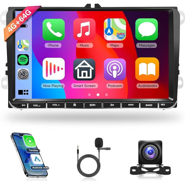 4G + 64G bezvadu Carplay Android auto radio VW Golf 5 6 Passat Polo Tiguan Touran Caddy Skoda Seat 9 collu auto radio ar Android auto GPS navigāciju WiFi Mirror Link Bluetooth FM/RDS/DAB/SWC