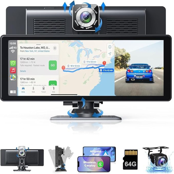 Android automašīnas ekrāns 10,26 collu IPS skārienekrāns ar 4K Dash Cam un aizmugures skata kameru, atbalsta Bluetooth/Siri/Google/GPS/Mirror Link, iekļauta 64G TF karte