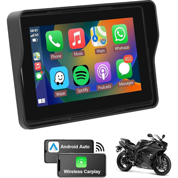 Podofo 5 collu motociklu Carplay un Android auto motociklam, portatīvais Carplay skārienekrāns IP67 ar Bluetooth Link Mirror EQ TF karti