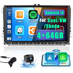 [4+64G] Android Carplay bezvadu auto radio ar satelīta navigāciju VW Golf 5 6 Polo Skoda Passat Bezvadu Android auto radio ar 9 collu skārienjūtīgu displeju Bluetooth auto radio ar WiFi FM/RDS mikrofonu Atpakaļgaitas pārraide