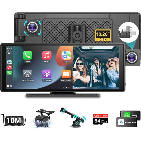 Vtopek Bezvadu Apple Carplay Android automašīnas displejs 10,26 collu Carplay displejs ar 2,5K Dash Cam 1080P aizmugures skata kameru Portatīvais Driveplay Carplay ar Dual Bluetooth 5.0/Mirror Link/Siri & Google 64G