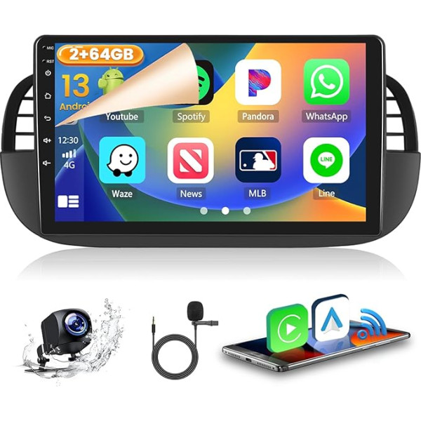 2GB + 64GB Android 13 Auto radio Fiat 500 2007-2015 Radio Wireless CarPlay Android Auto Bluetooth brīvroku Bluetooth 9 collu ekrāns Auto radio ar navigācijas atpakaļgaitas kameru WiFi FM RDS SWC