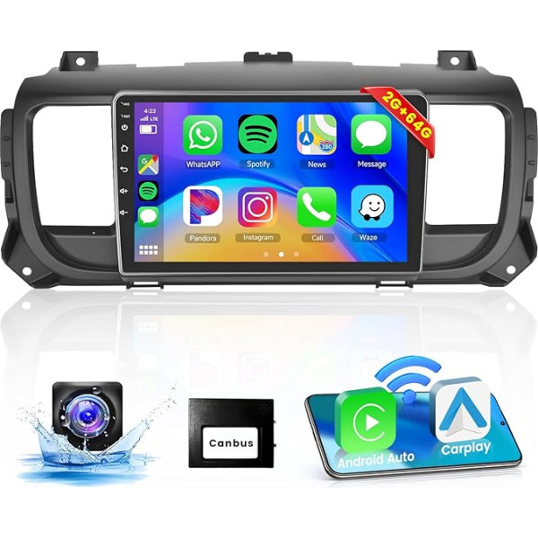 Hodozzy Carplay auto radio Citroen Jumpy 3/Peugeot Expert/Toyota Proace, 9 collu skārienjūtīgais ekrāns Android auto radio ar Android Car/WiFi/GPS/RDS/FM/Bluetooth/USB + atpakaļgaitas kamera